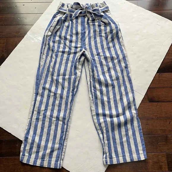 J Crew Factory linen blend paper bag waist striped pants Size 0 Blue White - Picture 2 of 13